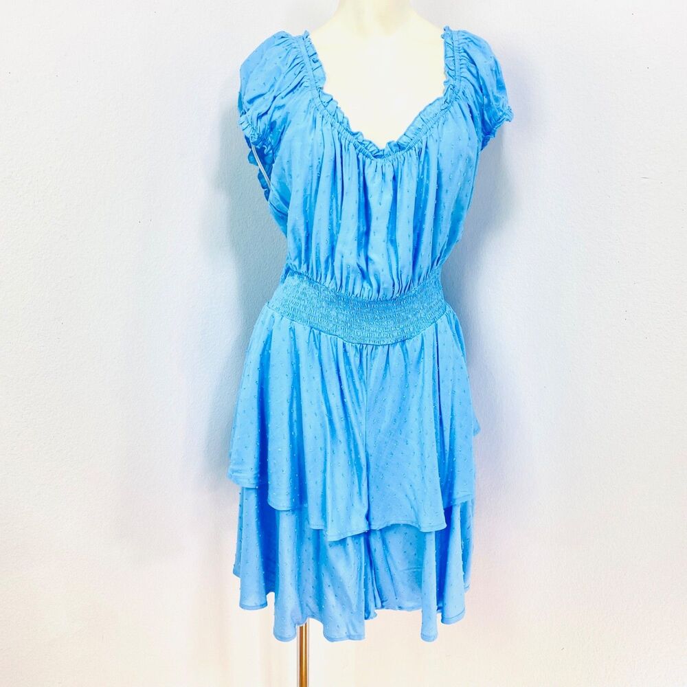 Rue + Blue Dotted Swiss Romper 2X Rayon Elastic Waist & Neck Ruffles Boho Fairy